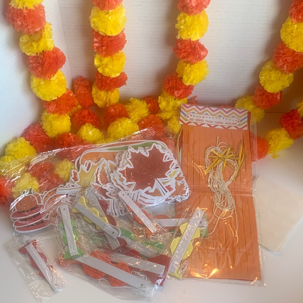 Orange & Yellow Plastic Pom Pom Garland Fall Pumpkin Classroom Party Decor